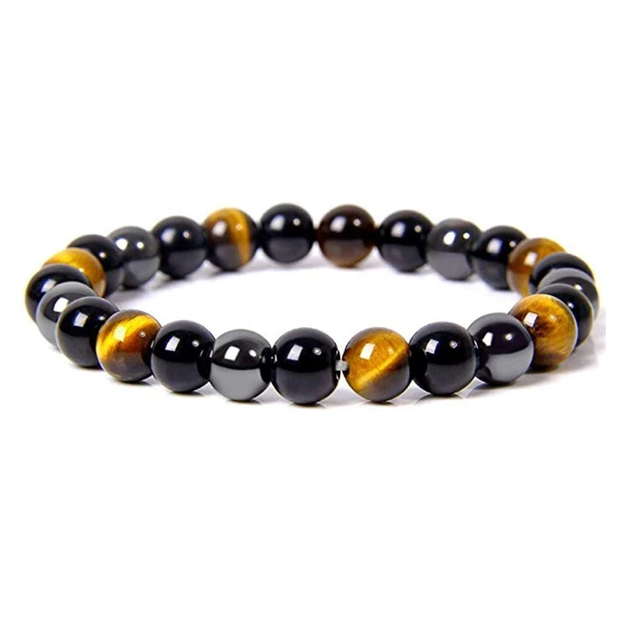 Bracelet de perles "Œil de Tigre" en obsidienne hématite noire. Protection magnétique de la santé.