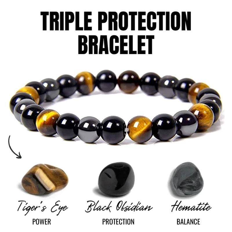 Bracelet de perles "Œil de Tigre" en obsidienne hématite noire. Protection magnétique de la santé.