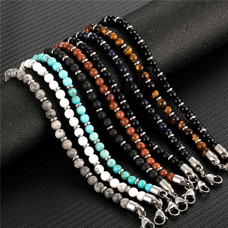 Bracelet de perles de pierre naturelle. Chaîne en acier inoxydable. 6mm