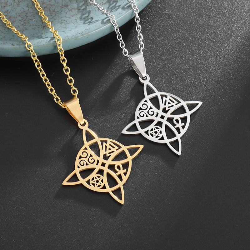 Collier pendentif de sorcière en acier inoxydable. Valknut, Triskèle, Ankh, Pentagramme.