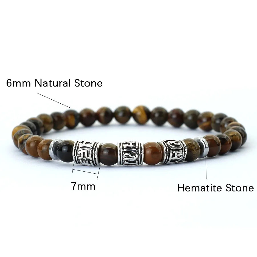 Bracelet vintage perlé en lave naturelle et oeil de tigre. Om Mani Padme Hum Mantra.