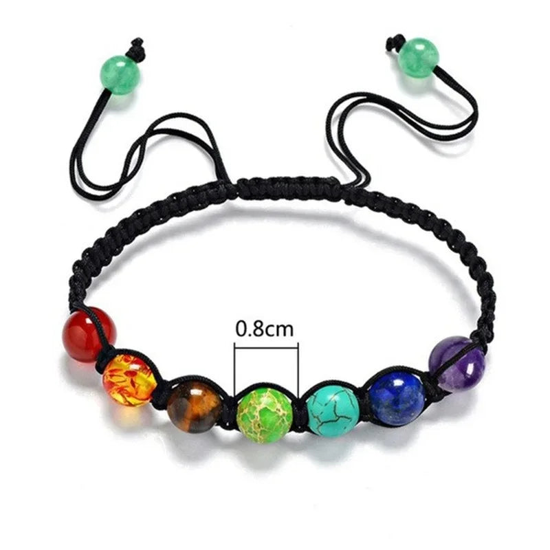 Bracelet de perles de charbon de guérison naturelles, 7 chakras, réglable et tissé.