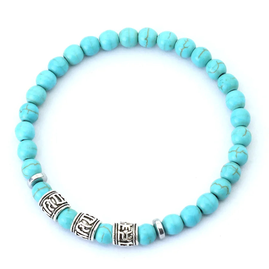 Bracelet vintage perlé en lave naturelle et oeil de tigre. Om Mani Padme Hum Mantra.