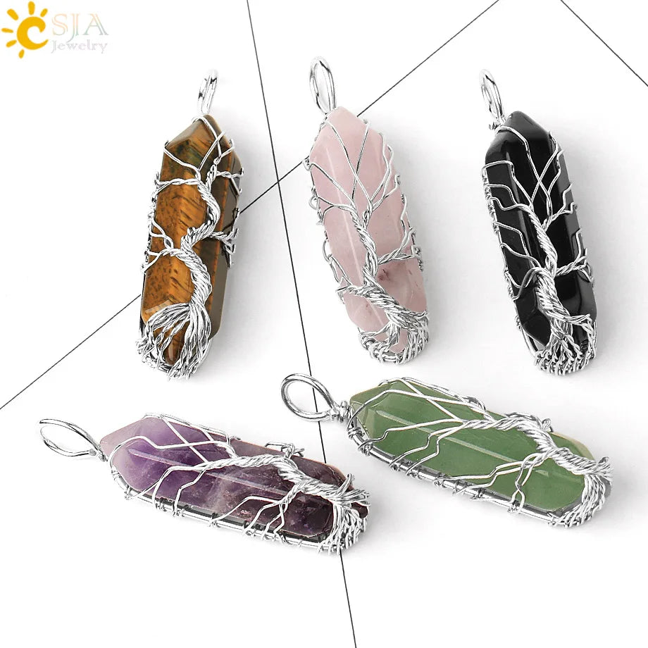 Collier en pierre de cristal naturel véritable, arbre de vie et pointe hexagonale, couleur argent