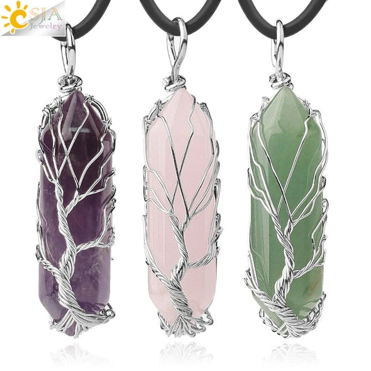 Collier en pierre de cristal naturel véritable, arbre de vie et pointe hexagonale, couleur argent