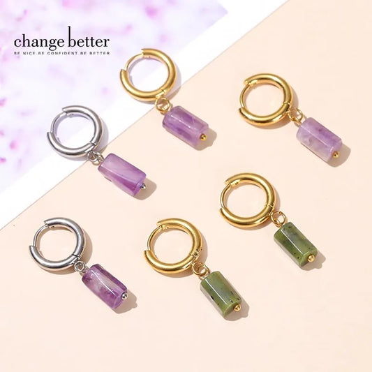 Boucles d'oreilles tombantes en pierre naturelle Aquamarine, Amethyste & Jade